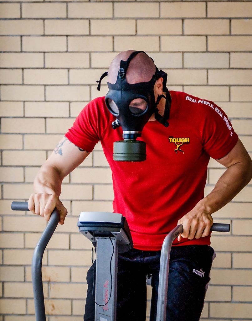 wearing a gas mask while working out